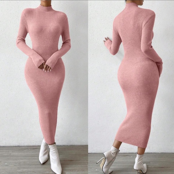 Sexy mock neck ribbed long sleeve bodycon fitted maxi sweater dress - Picture 13 of 16